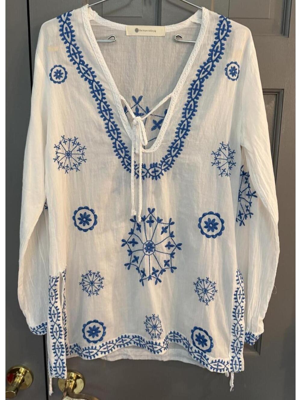 The Impeccable Pig White Tunic with Royal Blude Embroidery One Size